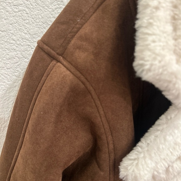 Commense Fleece Lined Lapel Coat Jacket Suede Sherpa Brown White Collar Size M - Picture 6 of 7